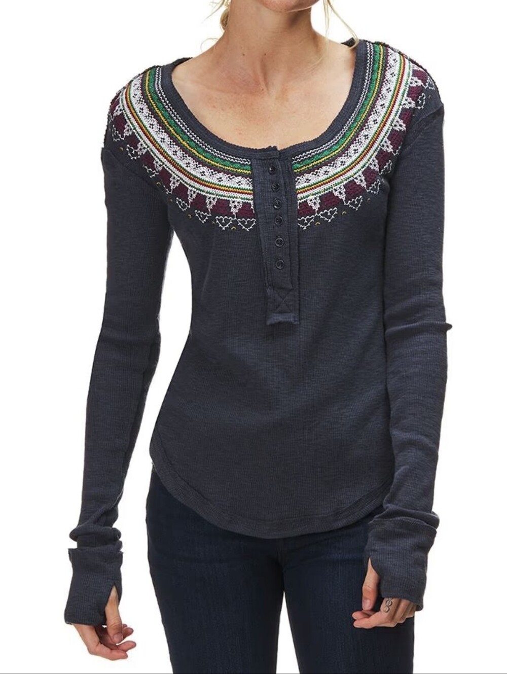 Free People Size M Grey Fairisle Long Sleeve Thermal Top